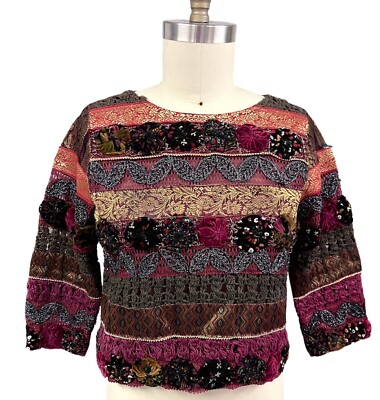VTG Sandy Starkman Art To Wear Multicolor Mixed-Texture Beaded Velvet Top M Boho