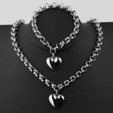 High Quality Silver Heart Stainless Steel Chain Womens Necklace Bracelet Set 8mm