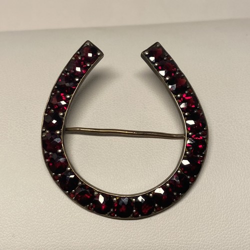 Victorian Bohemian Garnet Horseshoe Brooch Pin 800 Silver 1.75" X 1.5" 6.2 Gram - Picture 7 of 10
