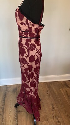 Burgundy Floral Mesh Lace Trumpet Midi Dress | Womens | Small (Available in M, L) | 100% Polyester | Lulus