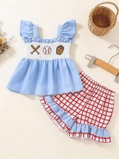 Children's Baseball Embroidered Ruffle Trim Top and Shorts Set