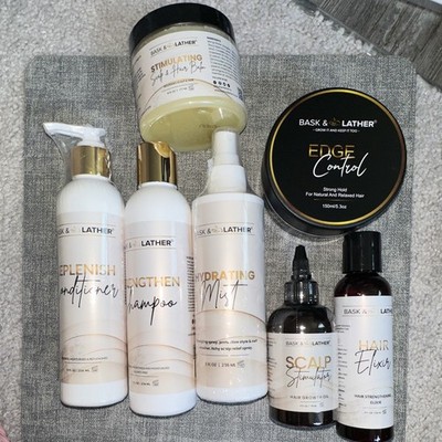 Bask & Lather Hair Care Set Shampoo, Conditioner, Mist, Balm, Elixir