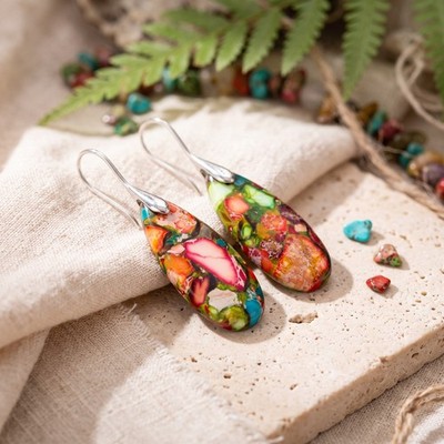 Natürliche Galaxie Meer Sediment Jaspis Träne Ohrringe Silber Boho Kristall Geschenk