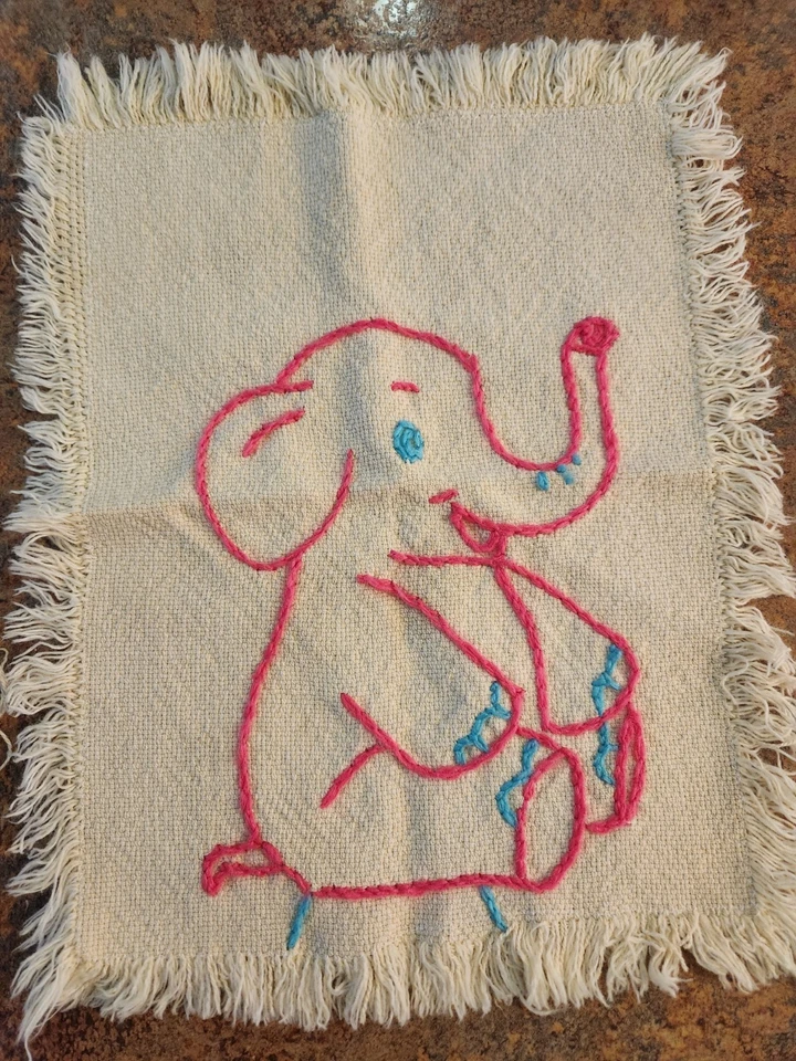 Vintage Lot of 2 Finished Crewel/Stitched Pink & Blue Elephants on Towels - Image 3 of 4