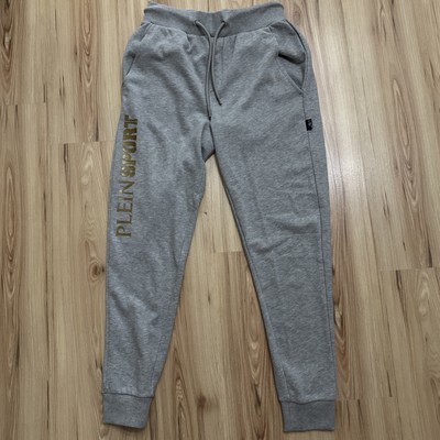 Original Philipp Plein Sport Jogginghose Herren Grau mit Logo in Gold Print Neu.