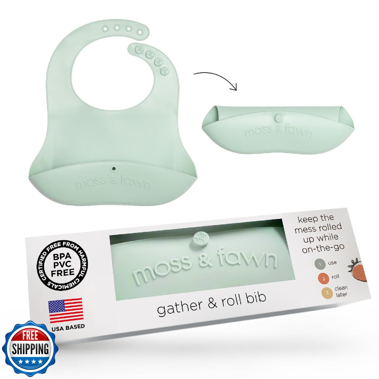 Moss and Fawn Gather and Roll Bib - Washable Waterproof Silicone Baby Feeding