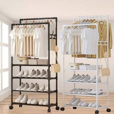 4 TIERS METAL SHOE RACK SHELF COAT HAT CLOTHES RAIL STAND HANGER TIDY STORAGE UK