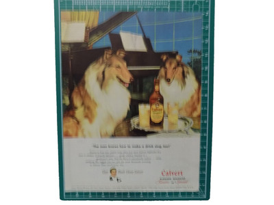 CALVERT WHISKEY  DOGS COLLIES MAN KNOWS HOW TO MAKE A DRINK 1947 PRINT AD