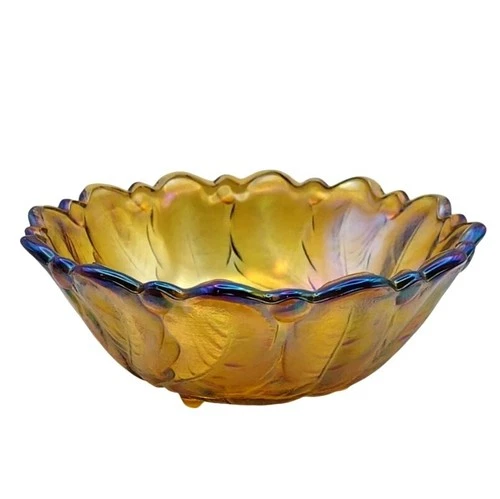 Vintage Indiana Carnival Glass Amber Wild Rose Footed Bowl 1970s Iridescent