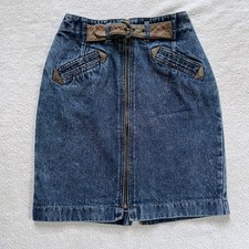80s Vintage High Waisted Belted Acid Wash Denim Skirt Weathered Blues 23 Waist