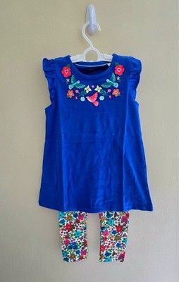 NWOT Mini Boden Frill Sleeve Tunic Set Bright Blue Embroidery
