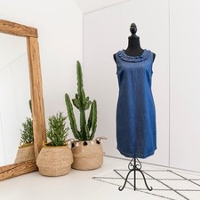 Talbots 8 Petite Sleeveless Ruffle Pleated Neck Denim Chambray Shift Dress Blue