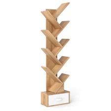 Narrow Tree Bookshelf 10-Shelf Free-Standing Storage Organizer with Drawer