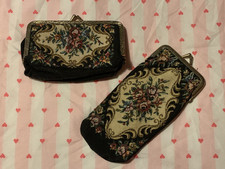 Rose Pattern Tapestry Clutch Purse Coin Purse Glasses Case Set Snap Closure Vtg