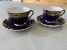 Imperial Porcelain Russian Cobalt Blue Lomonosov Tea Cup & Saucer 22k Gold Set