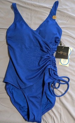 NipTuck Amanda Swim One Piece Swimsuit Womens US 6 Blue Ruched Tummy Control NWT