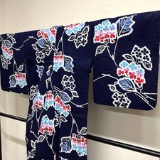 Japanese Kimono Yukata Hydrangea Navy Length 168 Sleeve 67 034