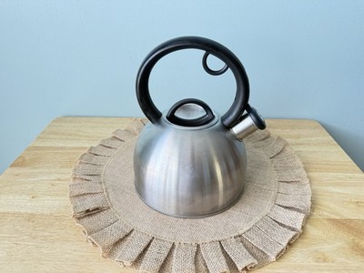 Vintage Copco Whistling Tea Kettle Stainless Steel 1.5 Quart Black Handle-EUC