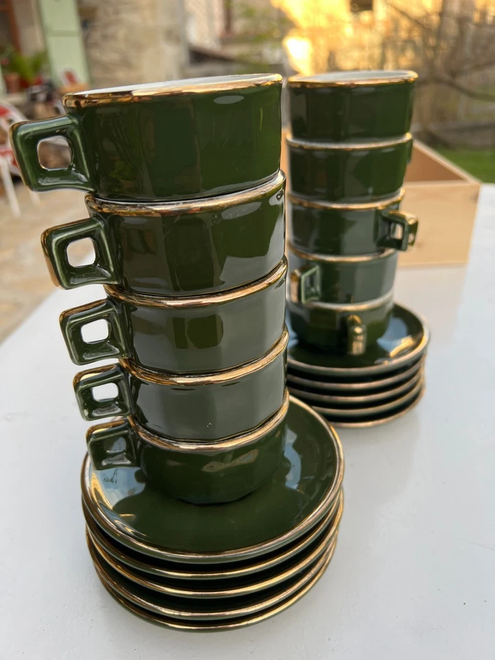 10 tasses à café bistrot vintage ,vert et or Massimot Lyon( Apilco,Deshoulieres. - Photo 4/4