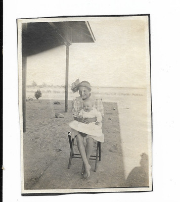 Vintage Photo Creepy Lady Flower Hat Barefoot SHADOW Outdoors Cute Baby Family