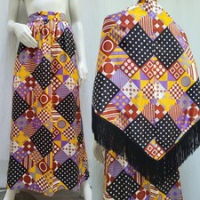 Vintage 1960's Mod Geo Dot Print Maxi Skirt  Fringed Shawl - Waist 27" - EUC