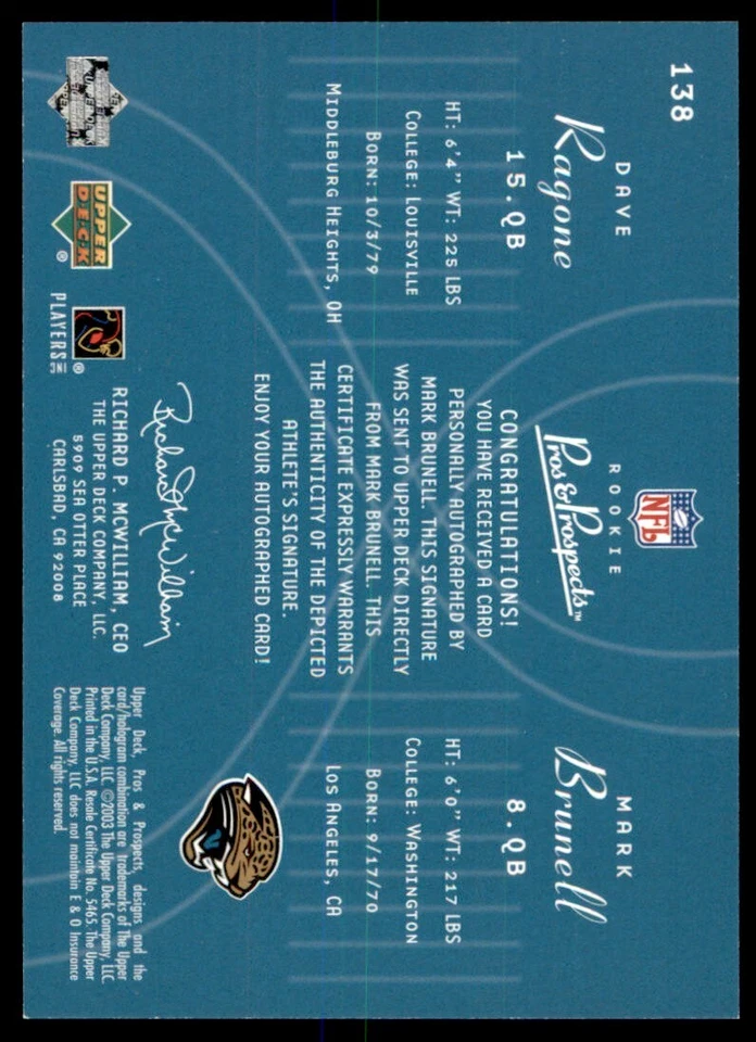 2003 Upper Deck Pros & Prospects Dave Ragone/Mark Brunell /500 Dual Auto #138 - Image 2 of 2