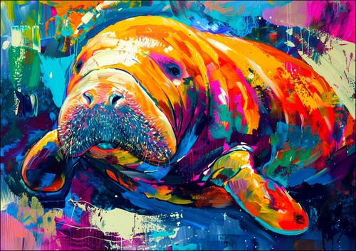 COLOURFUL PAINTING OF MANATEE -FRAMED WALL ART PICTURE PAPER PRINT - Picture 10 of 10