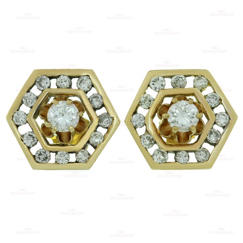1980s Diamond 14k Yellow Gold Hexagon Earrings