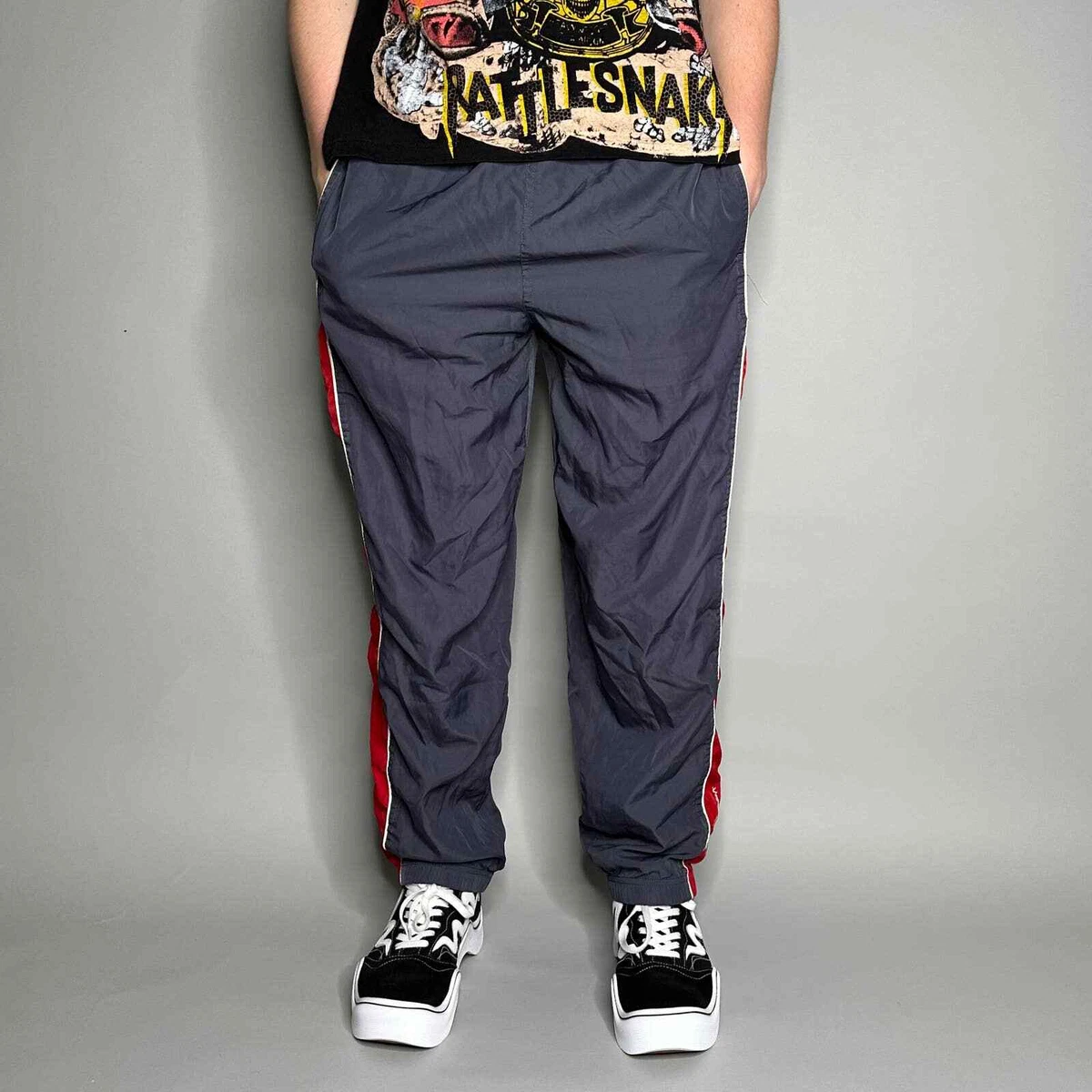 Vintage Reebok Track Pants L Grey Red Polyester Sweatpants