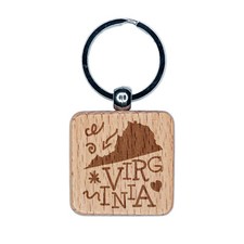 Virginia State with Text Swirls Engraved Wood Square Keychain Tag Charm