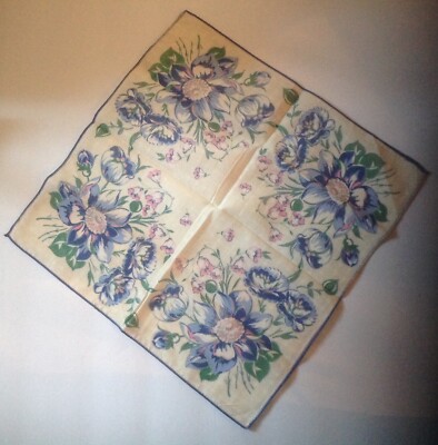 Vintage Ladies Hanky-Pretty Powder Blue & Pink Flowers on White Background-Nice!