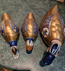 3 pieces Tonala Mexico pottery and brass fusion birds