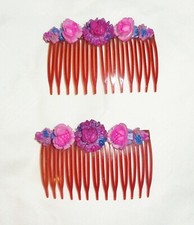 Vtg 1950's Carved Celluloid Flowers Hair Combs Pastel Pink Purple Stamped USA