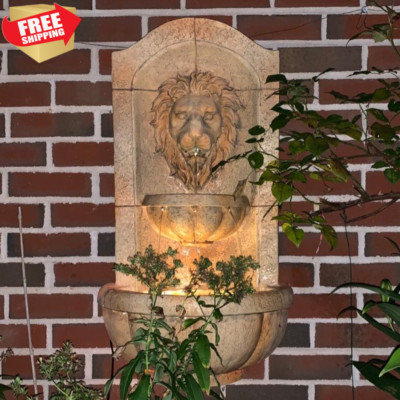Romanesque Style Lighted Outdoor Water Fountain 3 Tier Lion Head Patio Waterfall
