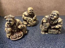 3 Antique Small Chinese Man Drumming Etched Handmade Figurine Statue Collectible