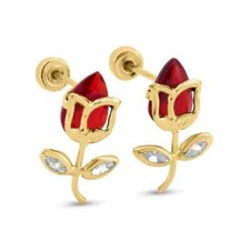 14 Karat Yellow Gold Flower Red CZ Screw Back Earrings