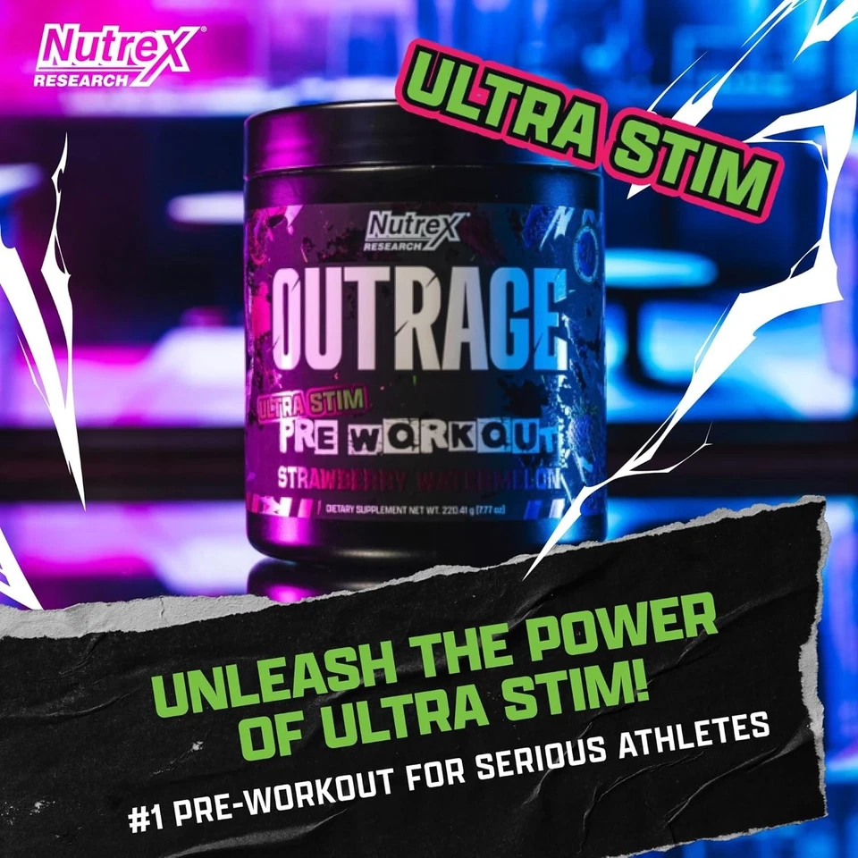 Polvo preentrenamiento Outrage Ultra HIGH STIM para hombres | 400 mg de cafeína, L-citrul Foto 3 de 4