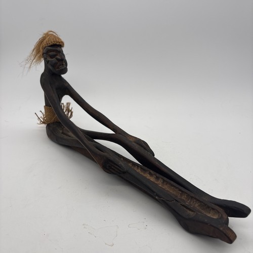 VTG Hawaiian TIKI TRIBAL Man Figure CANOE Gr8 WILD HAIR & SKIRT Incense Holder