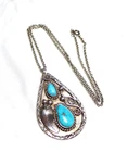925 Silver Chain & JS Native Navajo Turquoise Cab Floral Feather PENDANT 20.9 g