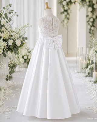 Girls White Satin Formal Dress Lace Back Removable Bow Special Occasion 7-9 year