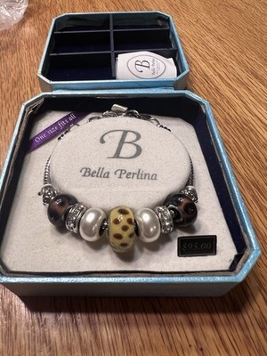 NWT Bella Perlina Silver Bracelet Leopard Brown Glass Pearls & Rhinestone Beads