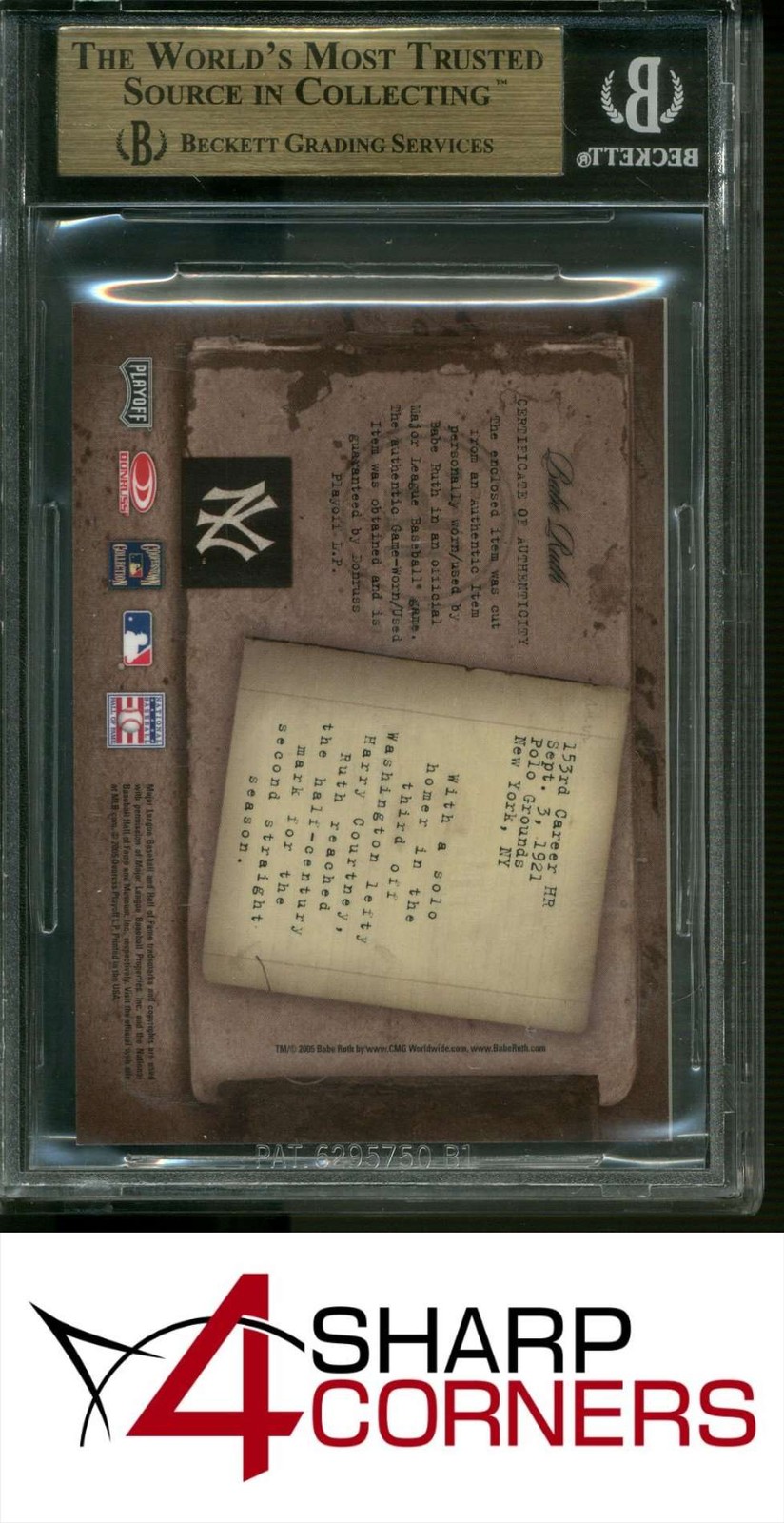 2005 PLAYOFF PRIME CUTS BIOGRAPHY HOMERUN 153 BABE RUTH BATS HOF BGS 9.5 view 2
