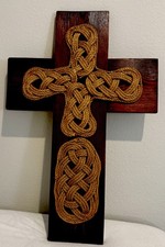 Pewter Rope on Wood Cross 3D wall hanging Cross. Western rustic Decor 29H  19  w