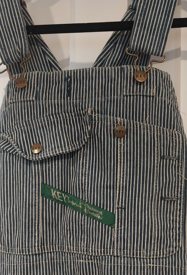 Vintage Key Imperial Denim Bib Overalls Hickory Railroad Stripe Mens 38x29 USA - Image 2 of 4