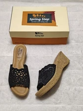 Spring Step Black Leather Laser Cut Slide Slip on Wedge Platform Sandal 6.5 - 7