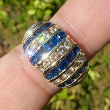 Traditional 14k Solid Yellow Gold Natural Blue Sapphire Diamond Band Ring 7.25