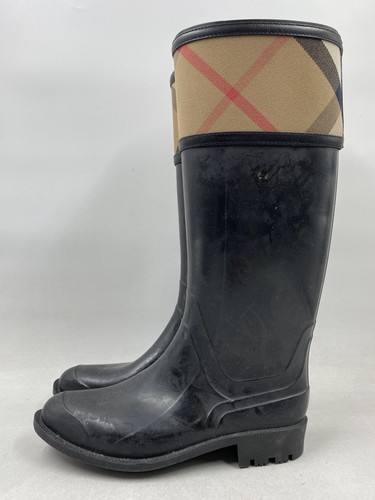 Burberry House Check Black Beige Rubber Tall Rain Boots Size 35