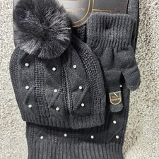 Charlotte Daniel Scarf Hat Gloves Set Womens One Size Black Beaded Tech Touch