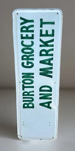 Vintage Porcelain Grocery Store Sign Burton Grocery And Market 50”x 16” RARE