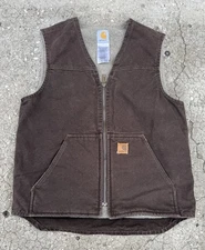 VTG Sherpa Lined Carhartt Vest Mens M Brown V26 DKB Full Zip Duck Canvas Y2K